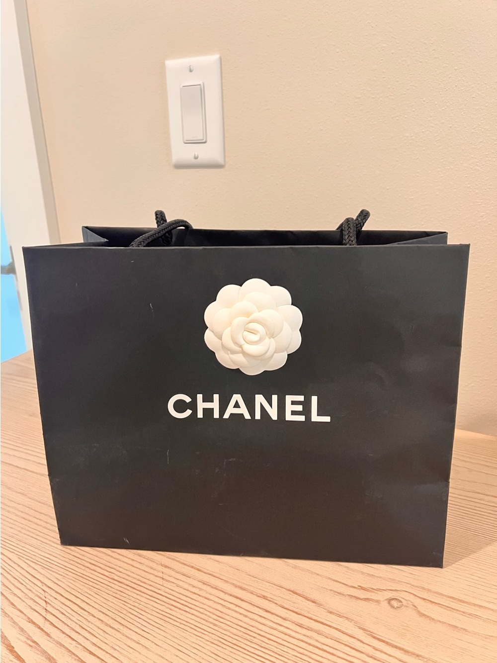 Authentic Chanel Black Camellia-Embellished Shopping Bag
